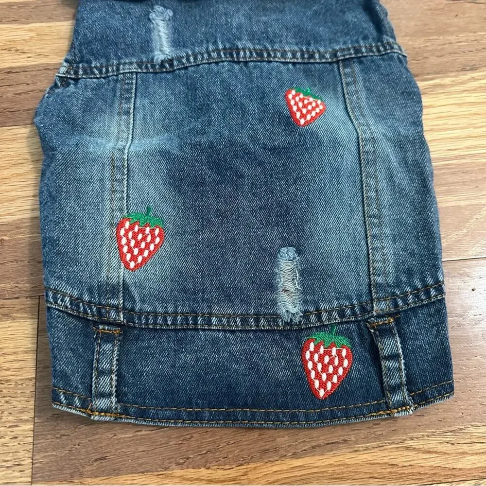Dog Denim Jacket, Embroidered Strawberries,‎ Distressing, Pet, Snap Buttons, XL